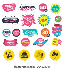 Sale shopping banners. Birthday party icons. Cake, balloon, hat and muffin signs. Fireworks with rocket symbol. Double decker with candle. Web badges, splash and stickers. Best offer. Vector
