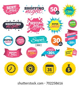 Sale shopping banners. Business icons. Calendar and mechanical clock signs. Dollar money bag and gear symbols. Web badges, splash and stickers. Best offer. Vector