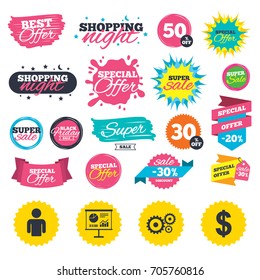 Sale shopping banners. Business icons. Human silhouette and presentation board with charts signs. Dollar currency and gear symbols. Web badges, splash and stickers. Best offer. Vector