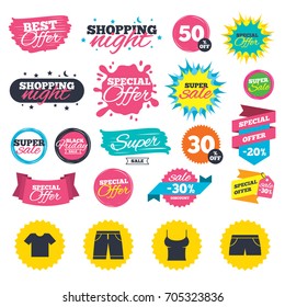 Sale shopping banners. Clothes icons. T-shirt and bermuda shorts signs. Swimming trunks symbol. Web badges, splash and stickers. Best offer. Vector