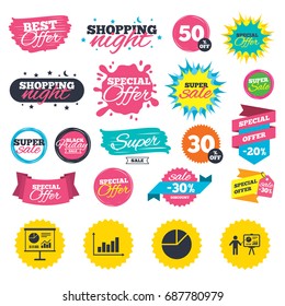 Sale shopping banners. Diagram graph Pie chart icon. Presentation billboard symbol. Supply and demand. Man standing with pointer. Web badges, splash and stickers. Best offer. Vector