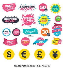 Sale shopping banners. Dollar, Euro, Pound and Yen currency icons. USD, EUR, GBP and JPY money sign symbols. Web badges, splash and stickers. Best offer. Vector