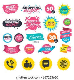 Sale shopping banners. Group of people and share icons. Speech bubble and round the world arrow symbols. Communication signs. Web badges, splash and stickers. Best offer. Vector