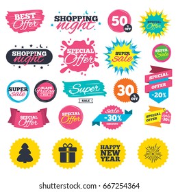 Sale shopping banners. Happy new year icon. Christmas tree and gift box signs. Fireworks explosive symbol. Web badges, splash and stickers. Best offer. Vector