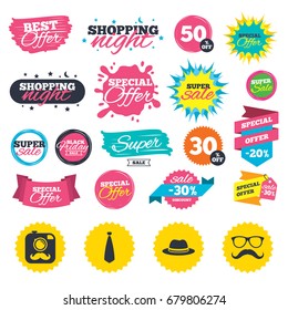 Sale shopping banners. Hipster photo camera with mustache icon. Glasses and tie symbols. Classic hat headdress sign. Web badges, splash and stickers. Best offer. Vector