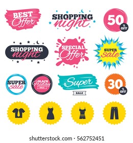 Sale shopping banners. Special offer splash. Clothes icons. T-shirt with business tie and pants signs. Women dress symbol. Web badges and stickers. Best offer. Vector