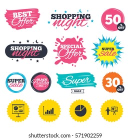Sale shopping banners. Special offer splash. Diagram graph Pie chart icon. Presentation billboard symbol. Supply and demand. Man standing with pointer. Web badges and stickers. Best offer. Vector