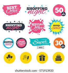 Sale shopping banners. Special offer splash. Birthday party icons. Cake and gift box signs. Air balloons and fireworks symbol. Web badges and stickers. Best offer. Vector