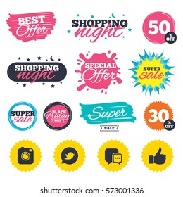 Sale shopping banners. Special offer splash. Hipster photo camera icon. Like and Chat speech bubble sign. Bird symbol. Web badges and stickers. Best offer. Vector