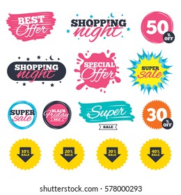 Sale shopping banners. Special offer splash. Sale arrow tag icons. Discount special offer symbols. 10%, 20%, 30% and 40% percent sale signs. Web badges and stickers. Best offer. Vector svg