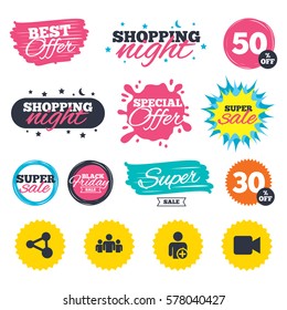 Sale shopping banners. Special offer splash. Group of people and share icons. Add user and video camera symbols. Communication signs. Web badges and stickers. Best offer. Vector