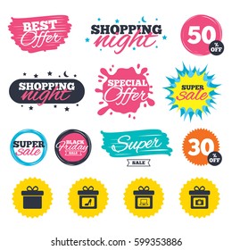 Sale shopping banners. Special offer splash. Gift box sign icons. Present with bow symbols. Photo camera sign. Woman shoes. Web badges and stickers. Best offer. Vector