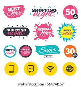 Sale shopping banners. Special offer splash. Communication icons. Smartphone and chat speech bubble symbols. Wifi and internet globe signs. Web badges and stickers. Best offer. Vector