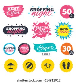 Sale shopping banners. Special offer splash. Beach holidays icons. Ball, umbrella and flip-flops sandals signs. Palm trees symbol. Web badges and stickers. Best offer. Vector