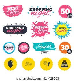Sale shopping banners. Special offer splash. Birthday party icons. Cake and gift box signs. Air balloon and fireworks symbol. Web badges and stickers. Best offer. Vector