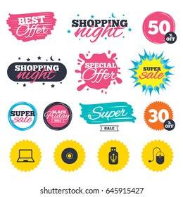 Sale shopping banners. Special offer splash. Notebook pc and Usb flash drive stick icons. Computer mouse and CD or DVD sign symbols. Web badges and stickers. Best offer. Vector