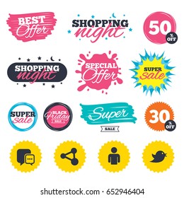 Sale shopping banners. Special offer splash. Social media icons. Chat speech bubble and Share link symbols. Bird sign. Human person profile. Web badges and stickers. Best offer. Vector