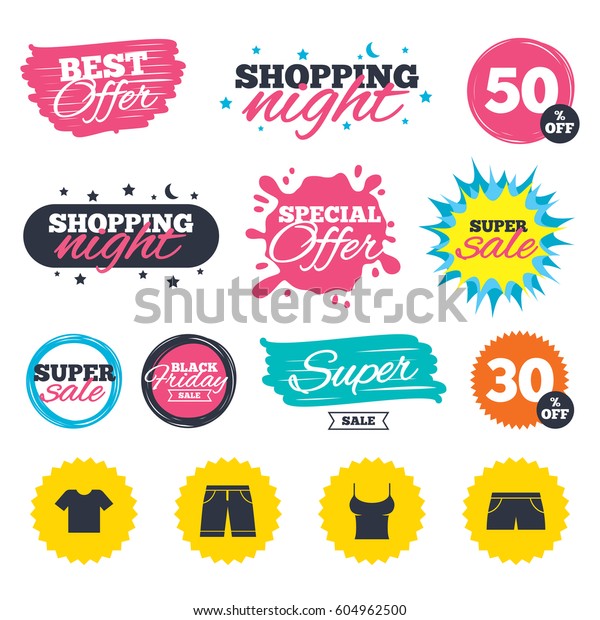 Sale shopping banners.\
Special offer splash. Clothes icons. T-shirt and bermuda shorts\
signs. Swimming trunks symbol. Web badges and stickers. Best offer.\
Vector