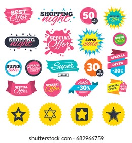 Sale shopping banners. Star of David icons. Sheriff police sign. Symbol of Israel. Web badges, splash and stickers. Best offer. Vector