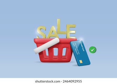 Sale in shopping basket with secure credit card payment. Online shopping and delivery, discount store, e commerce marketing. 3D vector.