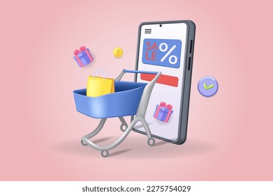 Sale shopping concept 3D illustration. Icon composition with supermarket trolley with bag, gift, percent discount of price in mobile app, online ordering. Vector illustration for modern web design