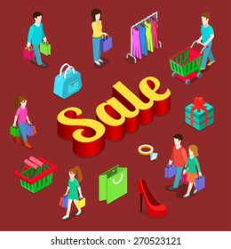 Sale shopping consumerism modern lifestyle flat 3d web isometric infographic vector. Young micro male female group shopper customer gift box cart bag huge letters. Creative people collection.