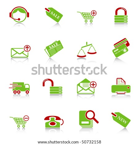 Sale and shopping icons with reflection, green-red series