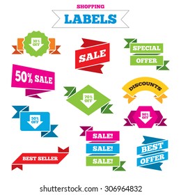 Sale shopping labels. Sale arrow tag icons. Discount special offer symbols. 30%, 50%, 70% and 90% percent off signs. Best special offer. Vector
