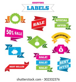 Sale shopping labels. Happy Mothers's Day icons. Wallet with cash coin and piggy bank moneybox symbols. Dollar USD currency sign. Best special offer. Vector