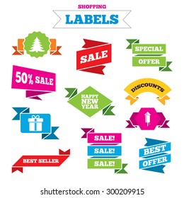 Sale shopping labels. Happy new year icon. Christmas tree and gift box signs. Fireworks rocket symbol. Best special offer. Vector