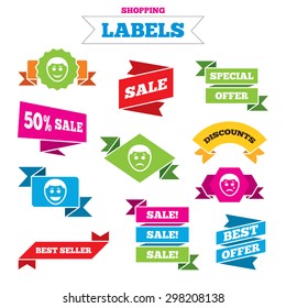 Sale shopping labels. Human smile face icons. Happy, sad, cry signs. Happy smiley chat symbol. Sadness depression and crying signs. Best special offer. Vector