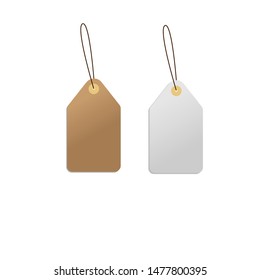 Sale shopping labels with rope. White paper and brown kraft realistic material. Empty organic style stickers. isolated vector