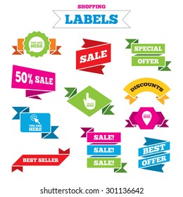 Sale shopping labels. You are here icons. Info speech bubble symbol. Map pointer with your location sign. Hand cursor. Best special offer. Vector