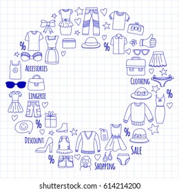 Sale Shopping Market Internet shop Discount Vector set of doodle icons for sale