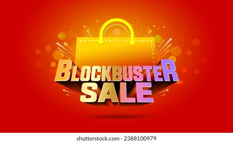 Sale, Shopping, offer, poster, advertising, web banner concept design. 3d text Blockbuster sale with Bag on festive red background.