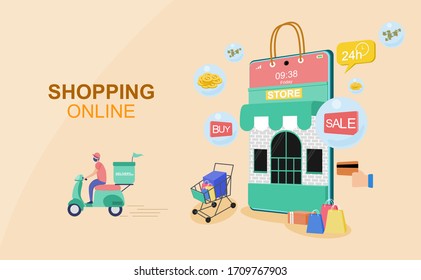 Sale shopping online concept for flat design, online trading for web page, website, template and background, vector illustration about shopping online