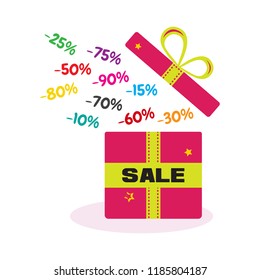 Sale. Shopping. Open gift box with colorful different discounts. Vector illustration