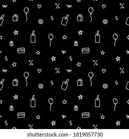 Sale shopping pattern seamless background flat linear art vector texture. Black Friday shop store present paper wrapping template. Shopping line elements - tag, balloon, stars