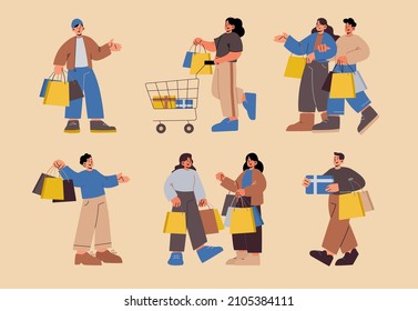 Sale and shopping people set, isolated customers male and female characters carry bags, buyers buying purchases and gifts in store, riding trolley in supermarket, Flat vector line art illustration