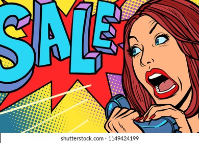 Sale, shopping season. Woman screams in phone. Comic cartoon pop art retro vector drawing