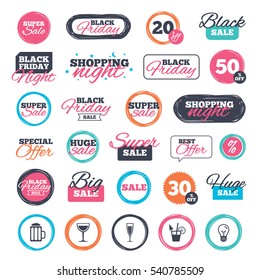 Sale shopping stickers and banners. Alcoholic drinks icons. Champagne sparkling wine with bubbles and beer symbols. Wine glass and cocktail signs. Website badges. Black friday. Vector