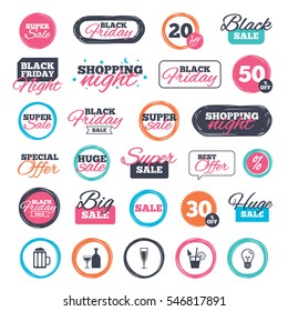 Sale shopping stickers and banners. Alcoholic drinks icons. Champagne sparkling wine and beer symbols. Wine glass and cocktail signs. Website badges. Black friday. Vector