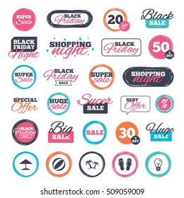 Sale shopping stickers and banners. Beach holidays icons. Ball, umbrella and flip-flops sandals signs. Palm trees symbol. Website badges. Black friday. Vector