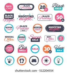 Sale shopping stickers and banners. Beach holidays icons. Cocktail, human footprints and swimming trunks signs. Summer sun symbol. Website badges. Black friday. Vector