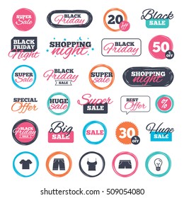 Sale shopping stickers and banners. Clothes icons. T-shirt and bermuda shorts signs. Swimming trunks symbol. Website badges. Black friday. Vector