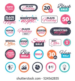 Sale shopping stickers and banners. Diagram graph Pie chart icon. Presentation billboard symbol. Man standing with pointer sign. Website badges. Black friday. Vector