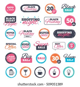 Sale shopping stickers and banners. Drinks icons. Coffee cup and glass of beer symbols. Wine glass sign. Website badges. Black friday. Vector