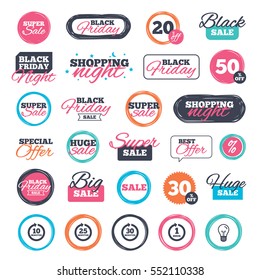 Sale shopping stickers and banners. Every 10, 25, 30 minutes and 1 hour icons. Full rotation arrow symbols. Iterative process signs. Website badges. Black friday. Vector