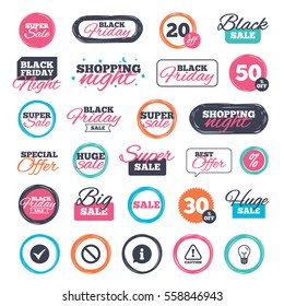 Sale shopping stickers and banners. Information icons. Stop prohibition and attention caution signs. Approved check mark symbol. Website badges. Black friday. Vector