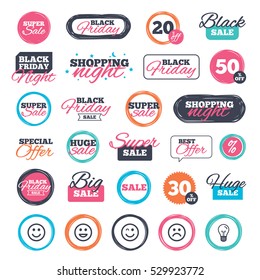 Sale shopping stickers and banners. Smile icons. Happy, sad and wink faces symbol. Laughing lol smiley signs. Website badges. Black friday. Vector